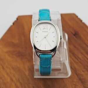 Fossil Women's Silver Tone Simple Watch Teal Leather Strap ES-3559 Roman Numeral